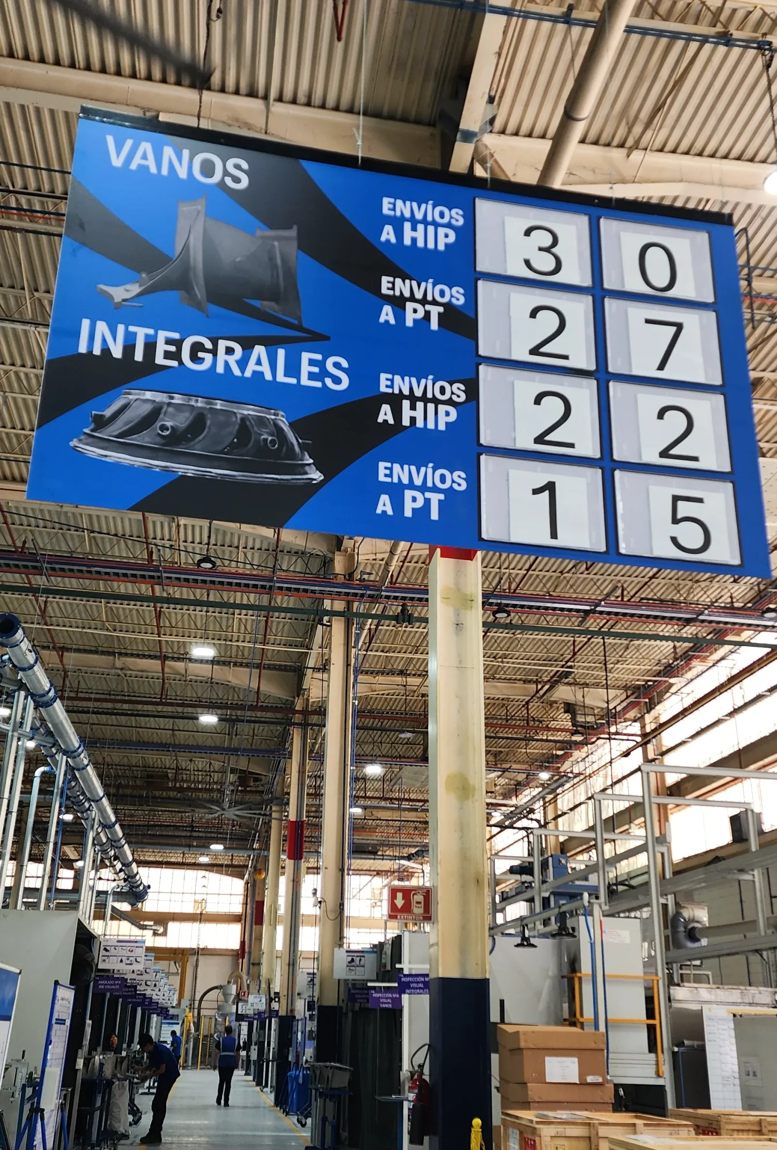 Tablero azul de envíos y vanos integrales en una planta industrial